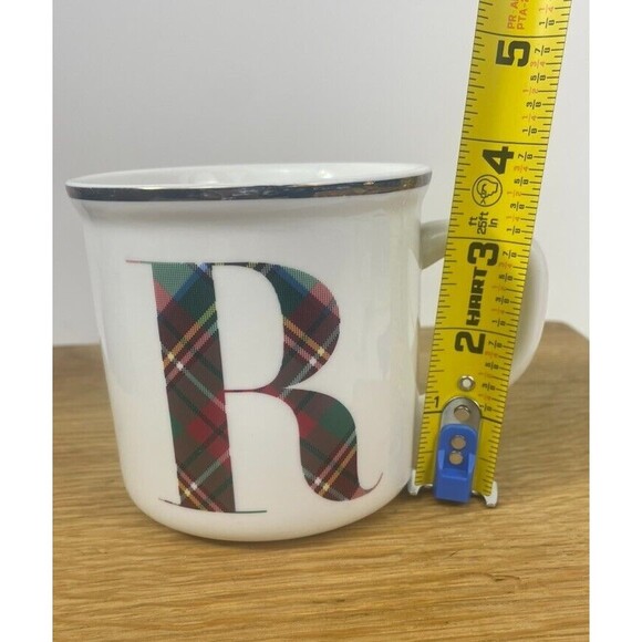 Pottery Barn Tartan Plaid Letter R Monogram Inital Mug 2017 Retired Gold Classic - Picture 9 of 10